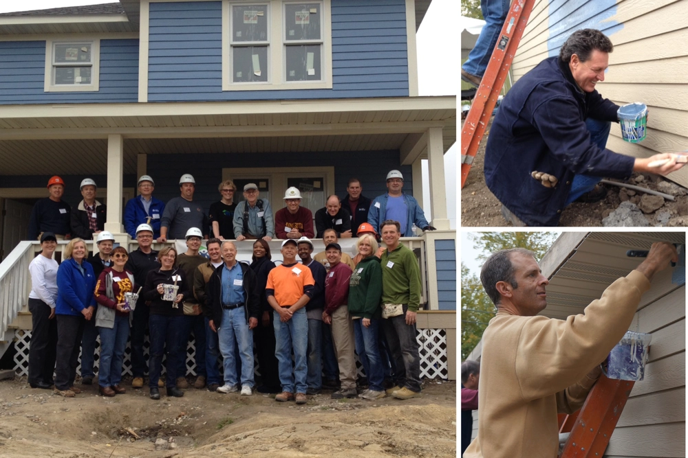 a large image on the left of a group of men and women on and in front of the porch of a two-story house and two small images on the right with the top image of a man squatting while painting siding and the bottom image of a man on a ladder painting siding